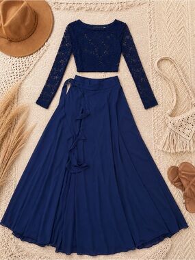 SHEIN Navy Lace Crop Top & Maxi Wrap Skirt Set